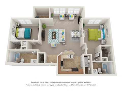 Floor plan for 2 beds, 2 baths, 1260 sqft